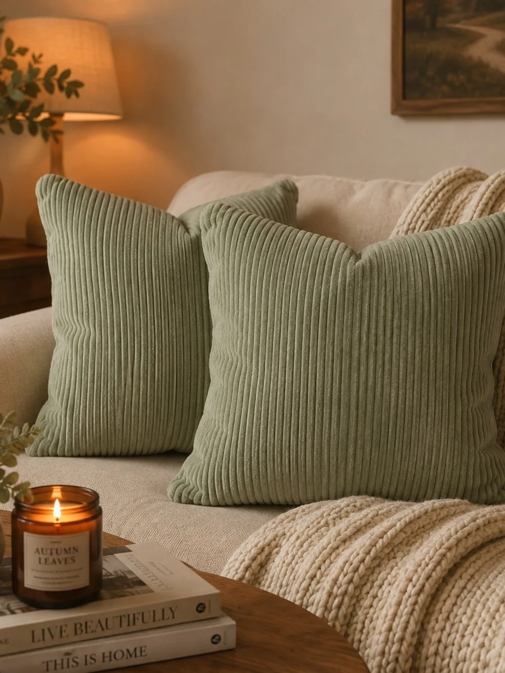 3-Soft Ribbed Sage Green Throw Pillow - Home Holiday